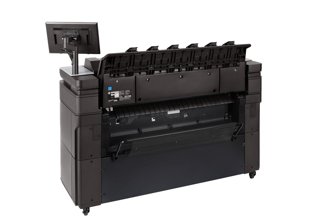 HP DesignJet XL 3600 rear facing view showing output bin and open rear panel.