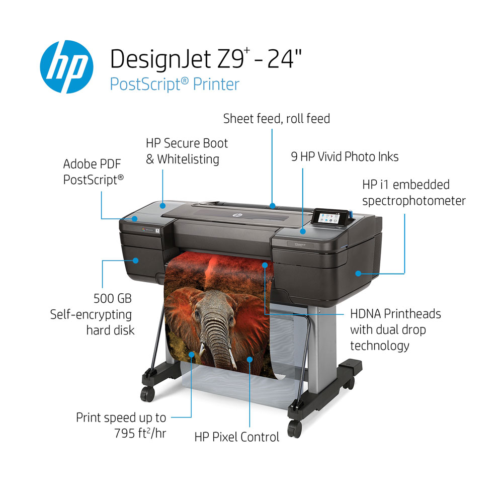 HP DesignJet Z9 24-inch printer with feature callouts for printhead precision and embedded spectrophotometer
